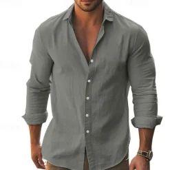 Hot OUKU Men's Shirt Summer Shirt Casual Shirt Beach Shirt Button Up Shirt Black White khaki Dark Gray Light Blue Long Sleeve Plain Lapel Vacation Hawaiian Button-Down Clothing Apparel 100% Cotton Fashion