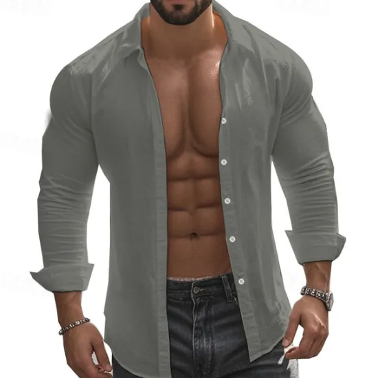 Hot OUKU Men's Shirt Summer Shirt Casual Shirt Beach Shirt Button Up Shirt Black White khaki Dark Gray Light Blue Long Sleeve Plain Lapel Vacation Hawaiian Button-Down Clothing Apparel 100% Cotton Fashion