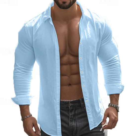 Hot OUKU Men's Shirt Summer Shirt Casual Shirt Beach Shirt Button Up Shirt Black White khaki Dark Gray Light Blue Long Sleeve Plain Lapel Vacation Hawaiian Button-Down Clothing Apparel 100% Cotton Fashion