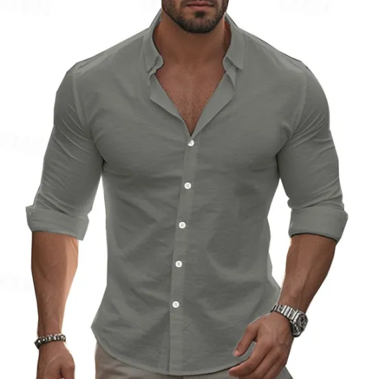 Hot OUKU Men's Shirt Summer Shirt Casual Shirt Beach Shirt Button Up Shirt Black White khaki Dark Gray Light Blue Long Sleeve Plain Lapel Vacation Hawaiian Button-Down Clothing Apparel 100% Cotton Fashion