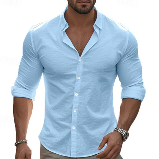 Hot OUKU Men's Shirt Summer Shirt Casual Shirt Beach Shirt Button Up Shirt Black White khaki Dark Gray Light Blue Long Sleeve Plain Lapel Vacation Hawaiian Button-Down Clothing Apparel 100% Cotton Fashion