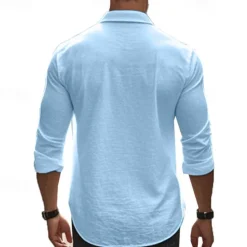 Hot OUKU Men's Shirt Summer Shirt Casual Shirt Beach Shirt Button Up Shirt Black White khaki Dark Gray Light Blue Long Sleeve Plain Lapel Vacation Hawaiian Button-Down Clothing Apparel 100% Cotton Fashion
