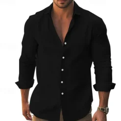 Hot OUKU Men's Shirt Summer Shirt Casual Shirt Beach Shirt Button Up Shirt Black White khaki Dark Gray Light Blue Long Sleeve Plain Lapel Vacation Hawaiian Button-Down Clothing Apparel 100% Cotton Fashion
