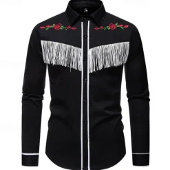 Online OUKU Men's Shirt Summer Shirt Casual Shirt Beach Shirt Button Up Shirt Black White Long Sleeve Floral Lapel Vacation Hawaiian Tassel Fringe Clothing Apparel Polyester Fashion Casual Comfortable