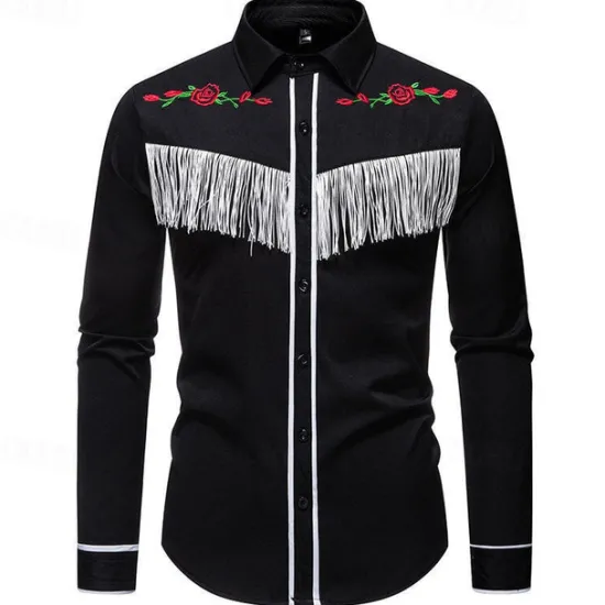 Online OUKU Men's Shirt Summer Shirt Casual Shirt Beach Shirt Button Up Shirt Black White Long Sleeve Floral Lapel Vacation Hawaiian Tassel Fringe Clothing Apparel Polyester Fashion Casual Comfortable