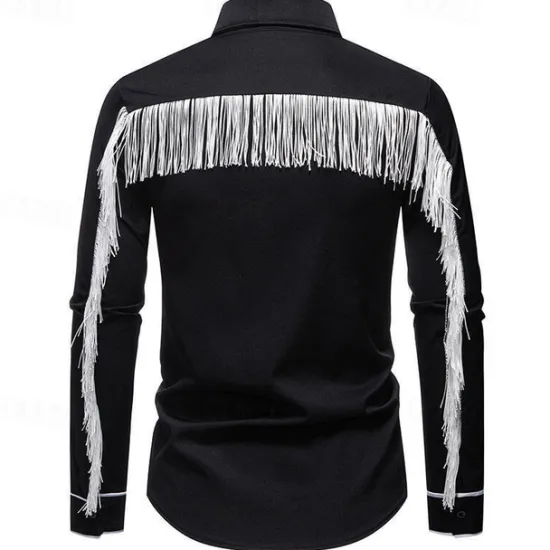 Online OUKU Men's Shirt Summer Shirt Casual Shirt Beach Shirt Button Up Shirt Black White Long Sleeve Floral Lapel Vacation Hawaiian Tassel Fringe Clothing Apparel Polyester Fashion Casual Comfortable
