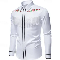 Online OUKU Men's Shirt Summer Shirt Casual Shirt Beach Shirt Button Up Shirt Black White Long Sleeve Floral Lapel Vacation Hawaiian Tassel Fringe Clothing Apparel Polyester Fashion Casual Comfortable
