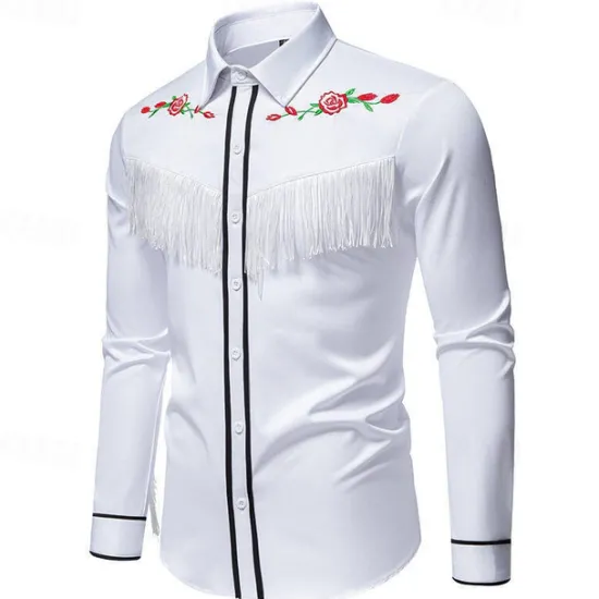 Online OUKU Men's Shirt Summer Shirt Casual Shirt Beach Shirt Button Up Shirt Black White Long Sleeve Floral Lapel Vacation Hawaiian Tassel Fringe Clothing Apparel Polyester Fashion Casual Comfortable