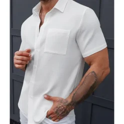 Best OUKU Men's Shirt Summer Shirt Casual Shirt Beach Shirt Button Up Shirt Black White Short Sleeve Plain Shirt Collar Vacation Hawaiian Front Pocket Clothing Apparel Polyester Fashion Casual Comfortable