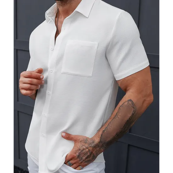 Best OUKU Men's Shirt Summer Shirt Casual Shirt Beach Shirt Button Up Shirt Black White Short Sleeve Plain Shirt Collar Vacation Hawaiian Front Pocket Clothing Apparel Polyester Fashion Casual Comfortable