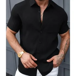 Best OUKU Men's Shirt Summer Shirt Casual Shirt Beach Shirt Button Up Shirt Black White Short Sleeve Plain Shirt Collar Vacation Hawaiian Front Pocket Clothing Apparel Polyester Fashion Casual Comfortable