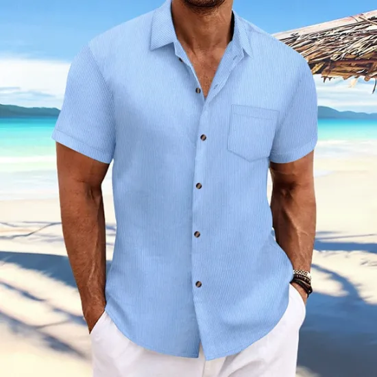 OUKU Men's Shirt Summer Shirt Casual Shirt Beach Shirt Button Up Shirt Black Navy Blue Blue Dark Green Brown Short Sleeve Plain Lapel Vacation Hawaiian Jacquard Clothing Apparel Polyester Fashion Casual