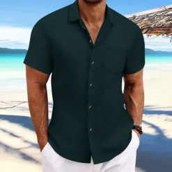 OUKU Men's Shirt Summer Shirt Casual Shirt Beach Shirt Button Up Shirt Black Navy Blue Blue Dark Green Brown Short Sleeve Plain Lapel Vacation Hawaiian Jacquard Clothing Apparel Polyester Fashion Casual