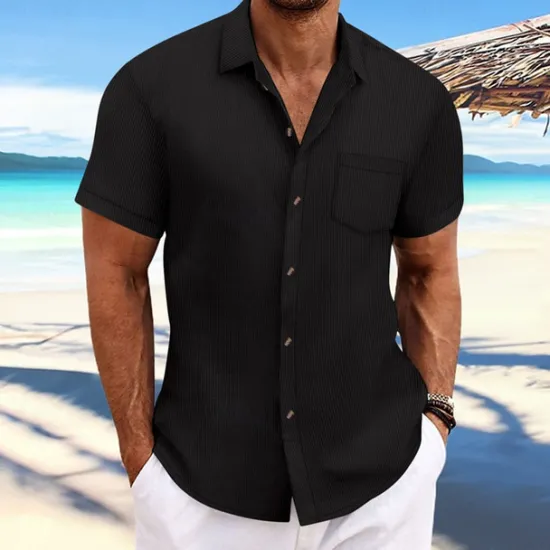 OUKU Men's Shirt Summer Shirt Casual Shirt Beach Shirt Button Up Shirt Black Navy Blue Blue Dark Green Brown Short Sleeve Plain Lapel Vacation Hawaiian Jacquard Clothing Apparel Polyester Fashion Casual