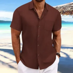 OUKU Men's Shirt Summer Shirt Casual Shirt Beach Shirt Button Up Shirt Black Navy Blue Blue Dark Green Brown Short Sleeve Plain Lapel Vacation Hawaiian Jacquard Clothing Apparel Polyester Fashion Casual