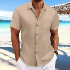 OUKU Men's Shirt Summer Shirt Casual Shirt Beach Shirt Button Up Shirt Black Navy Blue Blue Dark Green Brown Short Sleeve Plain Lapel Vacation Hawaiian Jacquard Clothing Apparel Polyester Fashion Casual