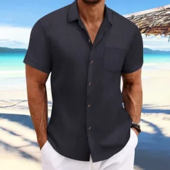 OUKU Men's Shirt Summer Shirt Casual Shirt Beach Shirt Button Up Shirt Black Navy Blue Blue Dark Green Brown Short Sleeve Plain Lapel Vacation Hawaiian Jacquard Clothing Apparel Polyester Fashion Casual