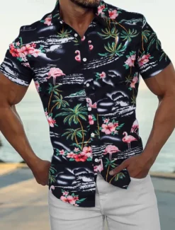 Discount OUKU Men's Shirt Summer Shirt Casual Shirt Beach Shirt Summer Hawaiian Shirt Button Up Shirt Navy Blue Blue Green Short Sleeve Coconut Tree Flamingos Turndown Street Daily Print Clothing Apparel Polyester