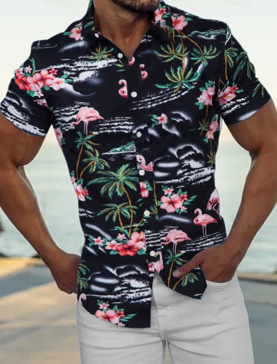 Discount OUKU Men's Shirt Summer Shirt Casual Shirt Beach Shirt Summer Hawaiian Shirt Button Up Shirt Navy Blue Blue Green Short Sleeve Coconut Tree Flamingos Turndown Street Daily Print Clothing Apparel Polyester