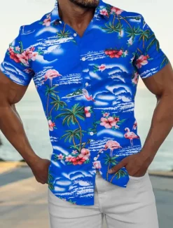 Discount OUKU Men's Shirt Summer Shirt Casual Shirt Beach Shirt Summer Hawaiian Shirt Button Up Shirt Navy Blue Blue Green Short Sleeve Coconut Tree Flamingos Turndown Street Daily Print Clothing Apparel Polyester