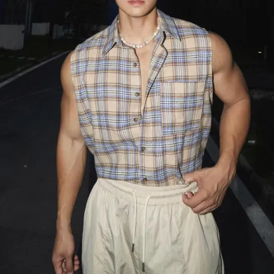 New OUKU Men's Shirt Summer Shirt Casual Shirt Beach Shirt Button Up Shirt Purple Brown Sleeveless Plaid Lapel Vacation Hawaiian Front Pocket Clothing Apparel Polyester Fashion Casual Comfortable