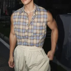 New OUKU Men's Shirt Summer Shirt Casual Shirt Beach Shirt Button Up Shirt Purple Brown Sleeveless Plaid Lapel Vacation Hawaiian Front Pocket Clothing Apparel Polyester Fashion Casual Comfortable