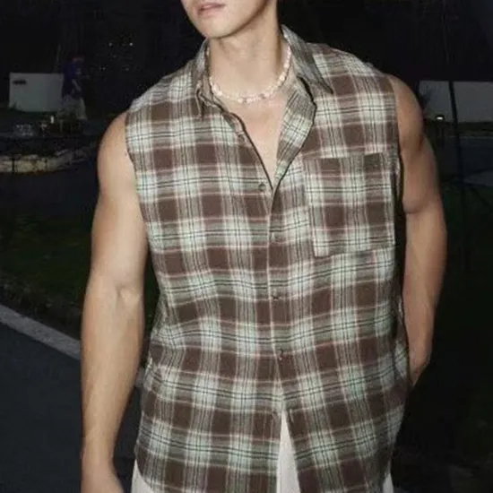 New OUKU Men's Shirt Summer Shirt Casual Shirt Beach Shirt Button Up Shirt Purple Brown Sleeveless Plaid Lapel Vacation Hawaiian Front Pocket Clothing Apparel Polyester Fashion Casual Comfortable