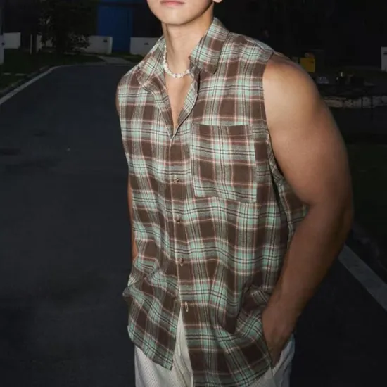 New OUKU Men's Shirt Summer Shirt Casual Shirt Beach Shirt Button Up Shirt Purple Brown Sleeveless Plaid Lapel Vacation Hawaiian Front Pocket Clothing Apparel Polyester Fashion Casual Comfortable