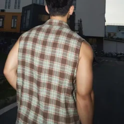 New OUKU Men's Shirt Summer Shirt Casual Shirt Beach Shirt Button Up Shirt Purple Brown Sleeveless Plaid Lapel Vacation Hawaiian Front Pocket Clothing Apparel Polyester Fashion Casual Comfortable