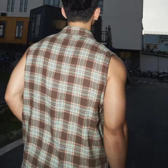 New OUKU Men's Shirt Summer Shirt Casual Shirt Beach Shirt Button Up Shirt Purple Brown Sleeveless Plaid Lapel Vacation Hawaiian Front Pocket Clothing Apparel Polyester Fashion Casual Comfortable
