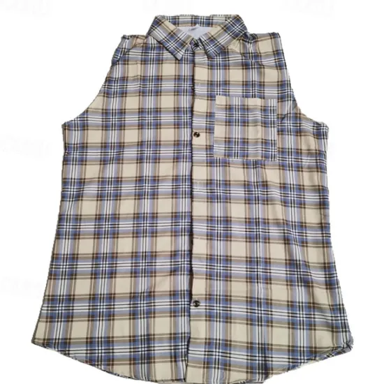 New OUKU Men's Shirt Summer Shirt Casual Shirt Beach Shirt Button Up Shirt Purple Brown Sleeveless Plaid Lapel Vacation Hawaiian Front Pocket Clothing Apparel Polyester Fashion Casual Comfortable