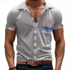 OUKU Men's Shirt Summer Shirt Casual Shirt Beach Shirt Button Up Shirt Black White khaki Light Grey Dark Gray Short Sleeve Stripes Lapel Vacation Hawaiian Pocket Clothing Apparel Polyester Fashion Casual