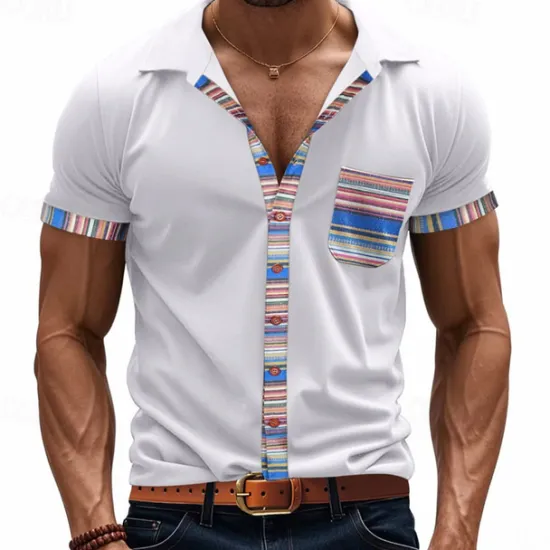 OUKU Men's Shirt Summer Shirt Casual Shirt Beach Shirt Button Up Shirt Black White khaki Light Grey Dark Gray Short Sleeve Stripes Lapel Vacation Hawaiian Pocket Clothing Apparel Polyester Fashion Casual