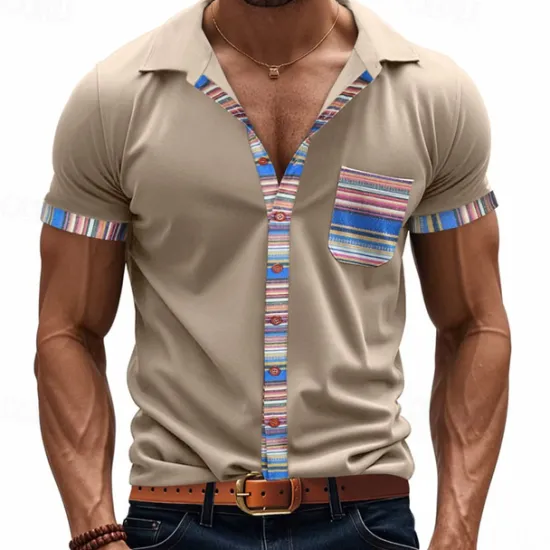 OUKU Men's Shirt Summer Shirt Casual Shirt Beach Shirt Button Up Shirt Black White khaki Light Grey Dark Gray Short Sleeve Stripes Lapel Vacation Hawaiian Pocket Clothing Apparel Polyester Fashion Casual