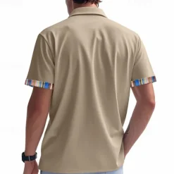 OUKU Men's Shirt Summer Shirt Casual Shirt Beach Shirt Button Up Shirt Black White khaki Light Grey Dark Gray Short Sleeve Stripes Lapel Vacation Hawaiian Pocket Clothing Apparel Polyester Fashion Casual