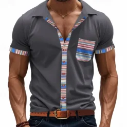 OUKU Men's Shirt Summer Shirt Casual Shirt Beach Shirt Button Up Shirt Black White khaki Light Grey Dark Gray Short Sleeve Stripes Lapel Vacation Hawaiian Pocket Clothing Apparel Polyester Fashion Casual