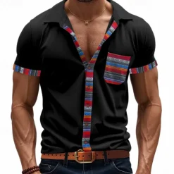 OUKU Men's Shirt Summer Shirt Casual Shirt Beach Shirt Button Up Shirt Black White khaki Light Grey Dark Gray Short Sleeve Stripes Lapel Vacation Hawaiian Pocket Clothing Apparel Polyester Fashion Casual
