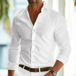 Online OUKU Men's Shirt Summer Shirt Dress Shirt Button Up Shirt Black White Navy Blue Blue Long Sleeve Plain Lapel Wedding Vacation Clothing Apparel Cotton Cotton Blend Fashion Casual Comfortable