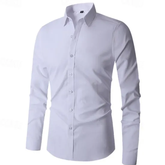 Online OUKU Men's Shirt Summer Shirt Dress Shirt Button Up Shirt Black White Navy Blue Blue Long Sleeve Plain Lapel Wedding Vacation Clothing Apparel Cotton Cotton Blend Fashion Casual Comfortable