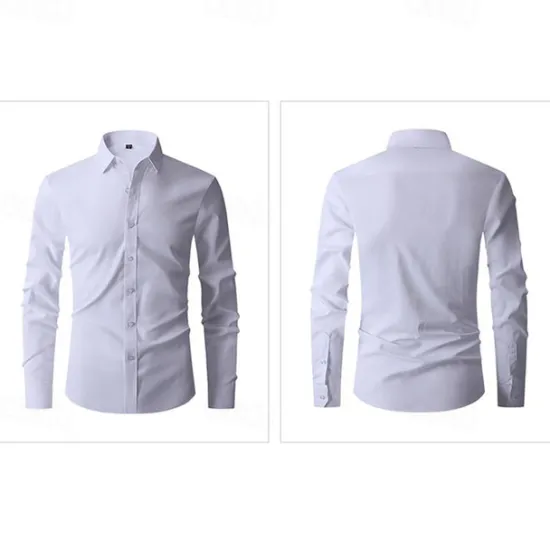 Online OUKU Men's Shirt Summer Shirt Dress Shirt Button Up Shirt Black White Navy Blue Blue Long Sleeve Plain Lapel Wedding Vacation Clothing Apparel Cotton Cotton Blend Fashion Casual Comfortable