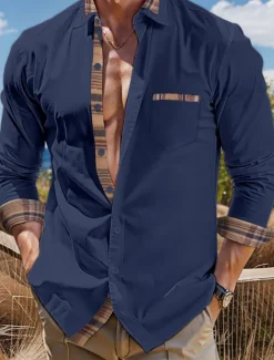 New OUKU Men's Shirt Summer Shirt Dress Shirt Casual Shirt Button Up Shirt Black White Pink Dark Blue Long Sleeve Color Block Lapel Vacation Daily Patchwork Clothing Apparel Fashion Casual Comfortable