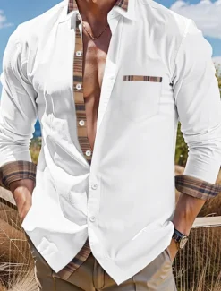 New OUKU Men's Shirt Summer Shirt Dress Shirt Casual Shirt Button Up Shirt Black White Pink Dark Blue Long Sleeve Color Block Lapel Vacation Daily Patchwork Clothing Apparel Fashion Casual Comfortable