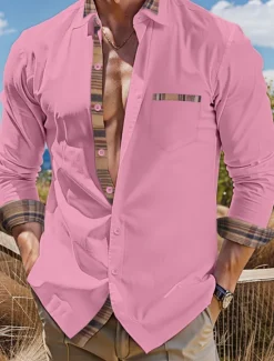 New OUKU Men's Shirt Summer Shirt Dress Shirt Casual Shirt Button Up Shirt Black White Pink Dark Blue Long Sleeve Color Block Lapel Vacation Daily Patchwork Clothing Apparel Fashion Casual Comfortable