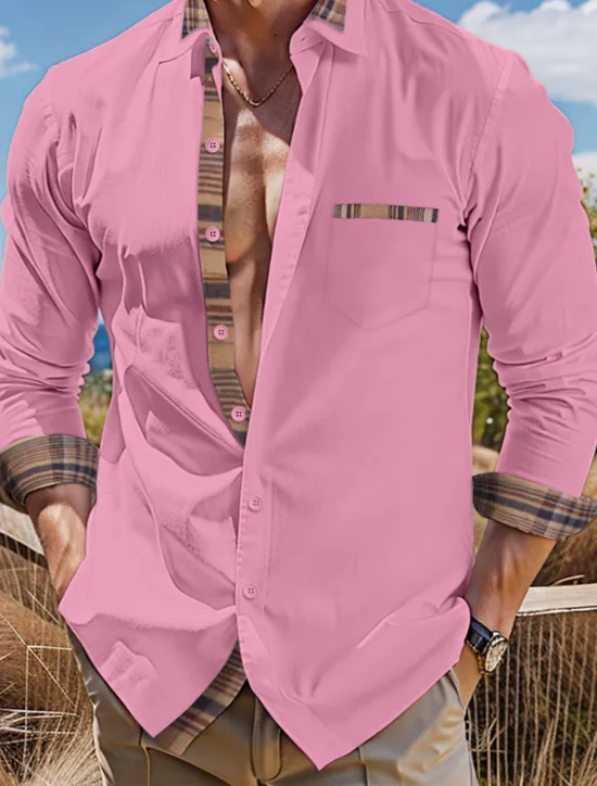 New OUKU Men's Shirt Summer Shirt Dress Shirt Casual Shirt Button Up Shirt Black White Pink Dark Blue Long Sleeve Color Block Lapel Vacation Daily Patchwork Clothing Apparel Fashion Casual Comfortable