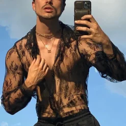 Hot OUKU Men's Shirt Summer Shirt Mesh Shirt Sheer Shirt Sheer Blouse Long Sleeve Plain Lapel Hawaiian Holiday Mesh Clothing Apparel Fashion Casual Comfortable Black