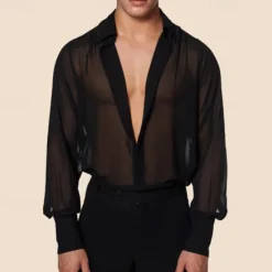 Clearance OUKU Men's Shirt Summer Shirt Mesh Shirt Sheer Shirt Sheer Blouse Long Sleeve Plain Lapel Hawaiian Holiday Mesh Clothing Apparel Fashion Casual Comfortable Black