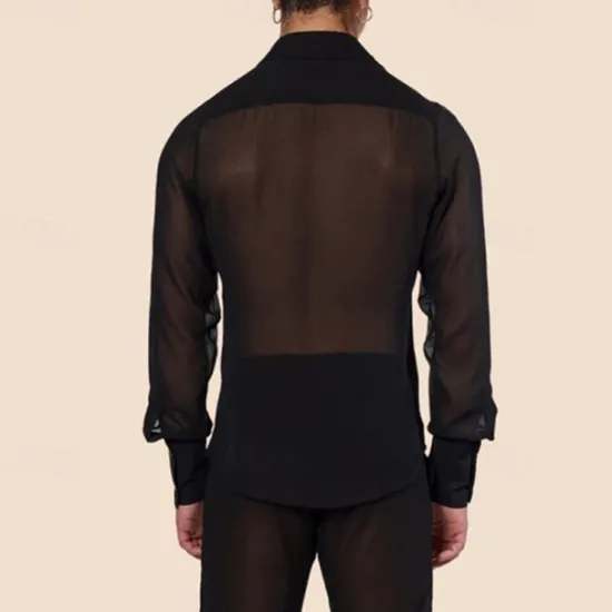 Clearance OUKU Men's Shirt Summer Shirt Mesh Shirt Sheer Shirt Sheer Blouse Long Sleeve Plain Lapel Hawaiian Holiday Mesh Clothing Apparel Fashion Casual Comfortable Black