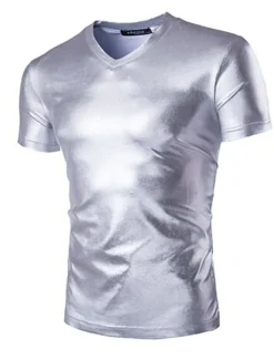 Discount OUKU Men's Shirt T Shirt Tee Short Sleeve V Neck Summer Plain Exaggerated Designer Big and Tall Wedding Party Cocktail Attire Silver Black Gold Top Tee for Men
