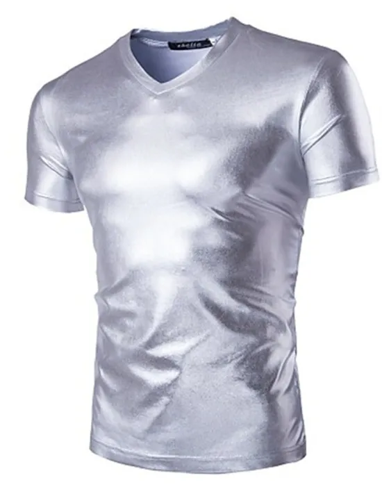 Discount OUKU Men's Shirt T Shirt Tee Short Sleeve V Neck Summer Plain Exaggerated Designer Big and Tall Wedding Party Cocktail Attire Silver Black Gold Top Tee for Men
