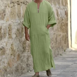 Online OUKU Men's Shirt Thobe Djellaba Summer Shirt Tunic Shirts Qamis Black / Gray White Dusty Blue Green Long Sleeve Plain V Neck Street Daily Clothing Apparel Cotton Casual Comfortable